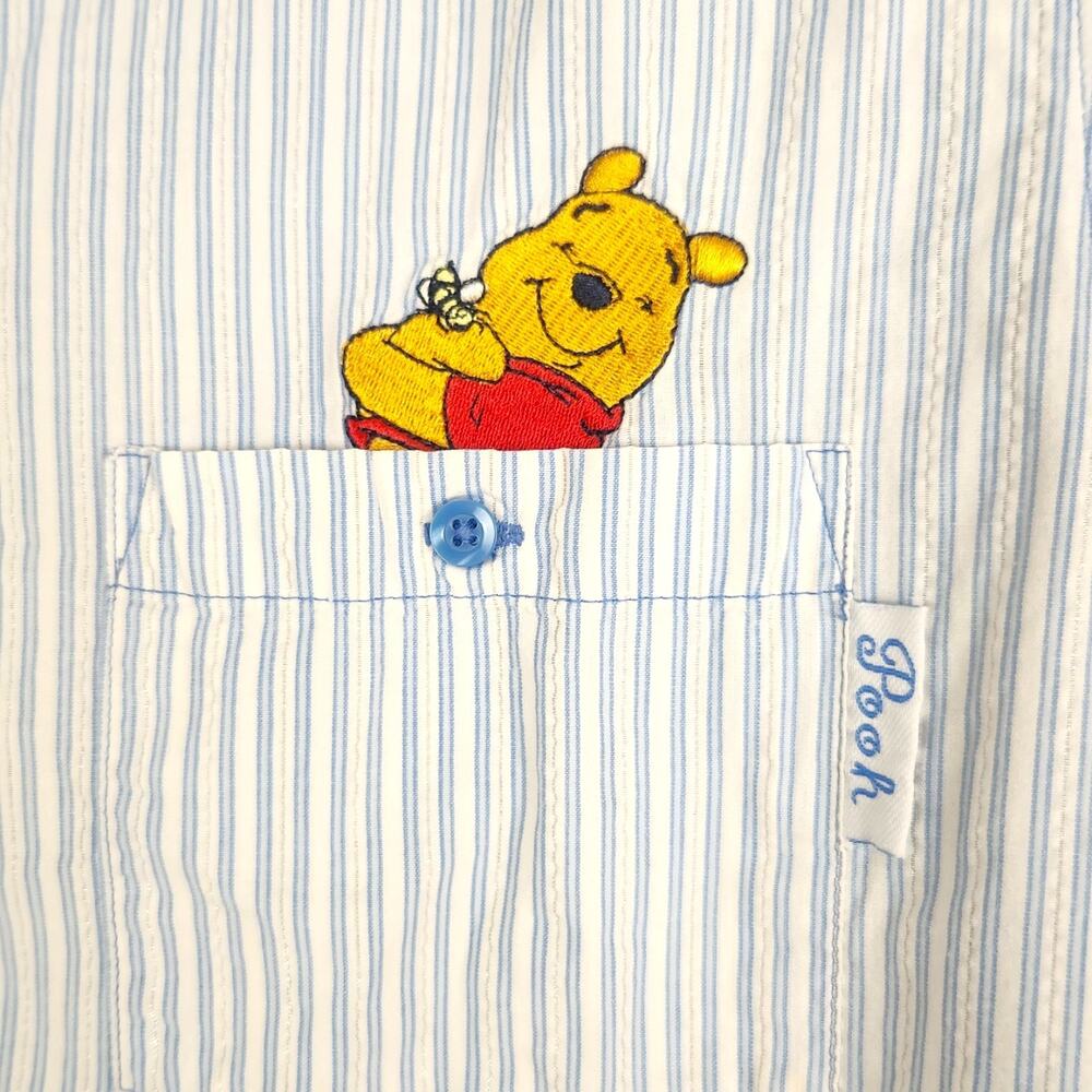 Vintage Disney Pooh Bear XL Button Front Striped Top Embroidered Patches Cap Slv - Picture 2 of 5